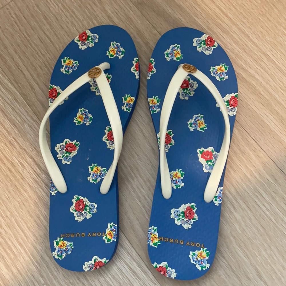 Tory Burch Blue Floral Flip Flops, Size 8